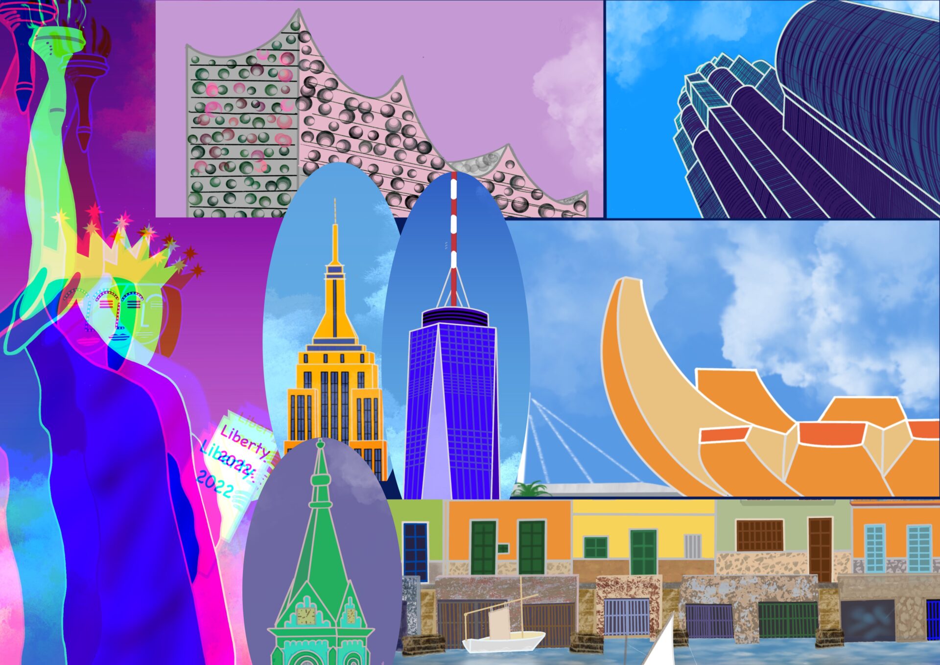 Collage Imposante Bauwerke der Welt / Impressive Buildings in the world 2022 -Digital painting - Gabriele Schreiber - travelpaintings